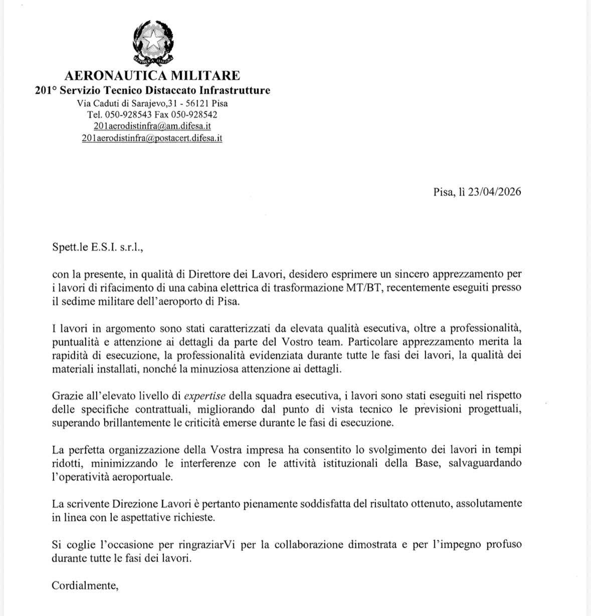 Lettera di apprezzamento dell’Aeronautica Militare per il lavoro di ESI